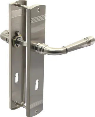 A stainless steel door handle set with a lock mechanism.