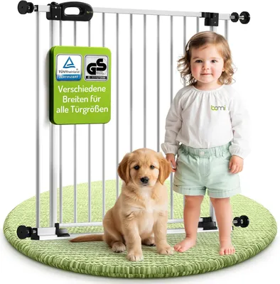 Produktbild von Bomi Treppenschutzgitter ohne Bohren, 71-79 cm, flacher Steg, Metall Weiß, selbstschließend, 2-Wege-Öffnung, sicheres & Kindergitter