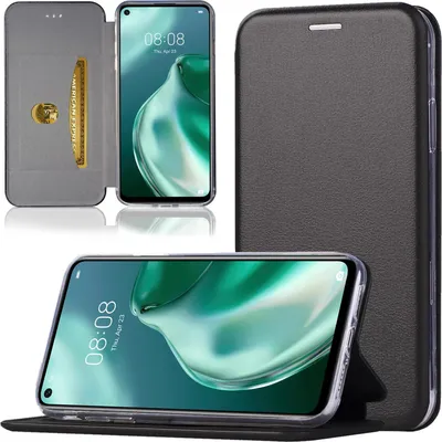 A product shot of a black flip phone case for a Huawei P40 Lite, shown open and closed, with a credit card inserted.