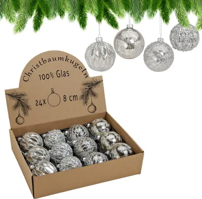 Immagine prodotto di Set di 24 decorazioni in vetro per l'albero di Natale in argento scintillante
