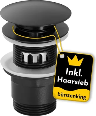 A black sink drain assembly with a yellow tag attached, showing product information.