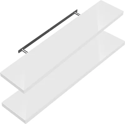 Produktbild von CASARIA® 2x Wandregal Holz Weiß Hängeregal mit Halterung 15kg Tragkraft Küche Wohnzimmer Schweberegal Bücherregal Regalbrett Schwebend Hochglanz 70cm