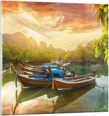 Produktbild von Bilder auf glas - Berge Boot Wasser - 70x70cm - Glasbilder - Wandbilder - Kunstdruck - zum Aufhängen bereit - Wanddekoration aus Glas - Glas Bilder - Wandbild auf Glas - Einteilig - GAC70x70-4003