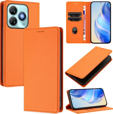 Immagine prodotto di Custodia in pelle per ZTE Blade A75 4G, pelle Litschi, custodia a portafoglio con slot per carte e supporto Arancione