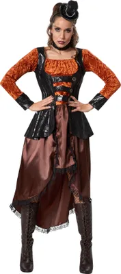 A woman posing in a steampunk princess costume.