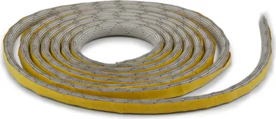 A coiled roll of sealing tape with a yellow adhesive backing.