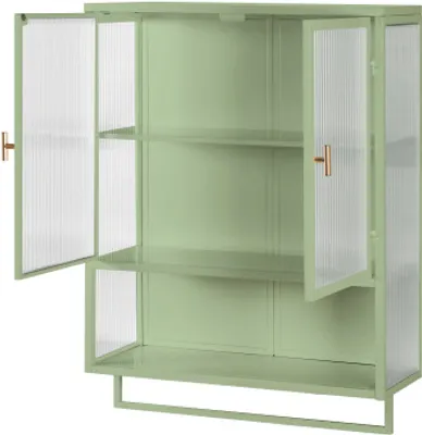 Produktbild von Glaskabinett 60x23x78 cm Gruen Schrank 60cm 2-tuerig Wandschrank mit Glastueren Zwei-stufiger Stauraum Handtuchhalter Kueche Wohnzimmer Badezimmer
