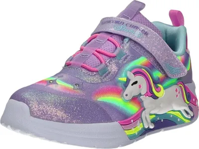 A single toddler shoe with a unicorn and rainbow design.