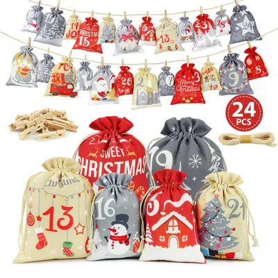 Productafbeelding van Adventskalender om zelf te vullen - 24 adventskalenders om zelf te vullen - Kinderstof - Grote adventskalenderzakjes