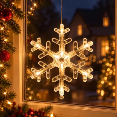 Produktbild von LED Fensterlicht mit Saugnapf, Hängende Fenster Lichterkette Innen, Weihnachtsbeleuchtung, Fensterdeko Batteriebetrieben, Schneeflocke