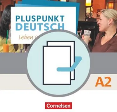 A book cover with people in the background, featuring text and graphics related to a German language learning product.