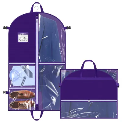 Produktbild von Kleidersack mit Fächern, Anzughülle, faltbarer Kleidersack 110×60cm mit mehreren Fächern, staubdichte Anzughülle mit 5 transparenten Fächern, Kleidersack für Anzug, Mantel, Blazer, Kleid (lila)