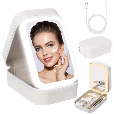 Productafbeelding van Ingebouwde make-up opbergdoos - Make-up organizer - Elegante LED-spiegel - Wit - Draagbare make-up tas - Perfect voor reizen