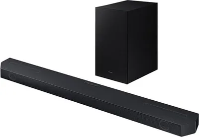 A black soundbar and subwoofer are displayed against a white background.