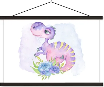 Produktbild von MuchoWow® Textilposter Dinosaurier - Kinderzimmer - Lila - Mädchen - Kinder 60x40 cm mit schwarzem Rahmen - Hölzernes