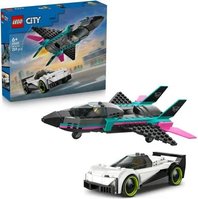 Zdjęcie produktu dla LEGO City Pościg Samolotu Odrzutowego za Samochodem, Zestaw Konstrukcyjny, Supercar, Jet Supersoniczny, Minifigurki Pilotów, 6+ lat