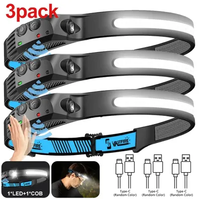 Produktbild von 3x 5-Modi Stirnlampe COB+LED Kopflampe Wiederaufladbar Bewegungssensor Akku USB