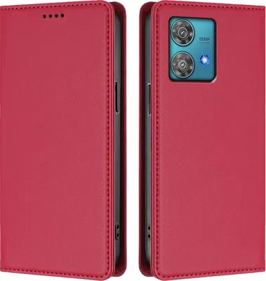 Produktbild von Handyhülle für Motorola Edge 40 Neo, Kunstleder Klapphülle Stoßfeste Magnetische Hülle mit Ständer Rot