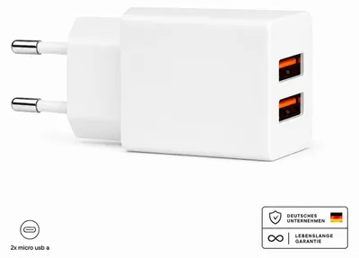 Produktbild von Doppel Schnellladegerät mit Kabel – 2x USB-A Ports Universal – Ohne Kabel