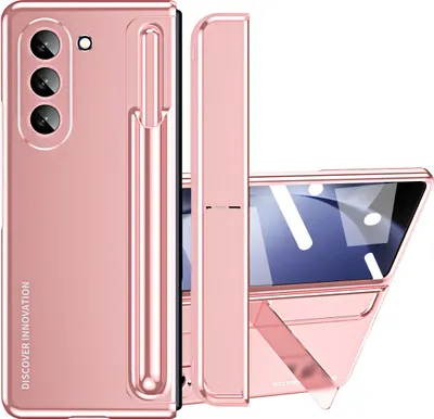 A rose gold phone case with a built-in pen holder and stand is displayed from multiple angles.