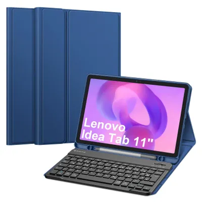Produktbild von FINTIE Tastatur Hülle für Lenovo Idea Tab 11 Zoll 2025 (TB-336ZU/ TB-336FU), Soft TPU Rückseite Gehäuse Schutzhülle mit Stifthalter und magnetisch Abnehmbarer Tastatur mit QWERTZ Layout (Marineblau)