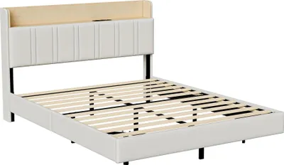 Produktbild von Polsterbett - Schwebendes Bettgestell - LED-Beleuchtung - Ladestation - Stauraum-Kopfteil - Holzrahmen - 140×190 cm