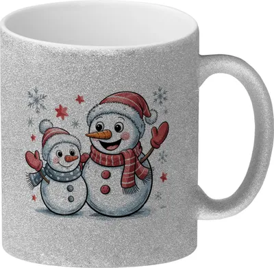 Produktbild von Cartoon Schneemänner Schneeflocken Glitzer-Kaffeebecher