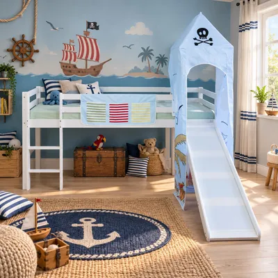 Produktbild von Homestyle4u Hochbett 90x200 Kinder mit Rutsche ohne Lattenrost mit Turm Spielbett Holz Rausfallschutz Pirat Junge