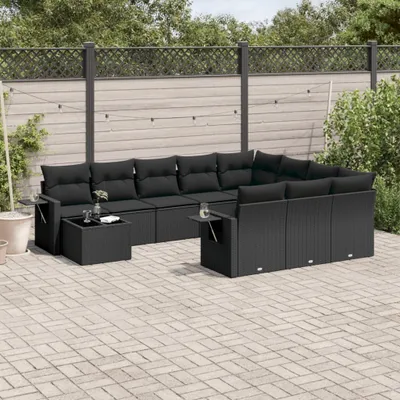 Produktbild von Design 11-tlg. Garten-Sofagarnitur mit Kissen Schwarz Poly Rattan, Gartenmöbel-Sets 2024 Neu