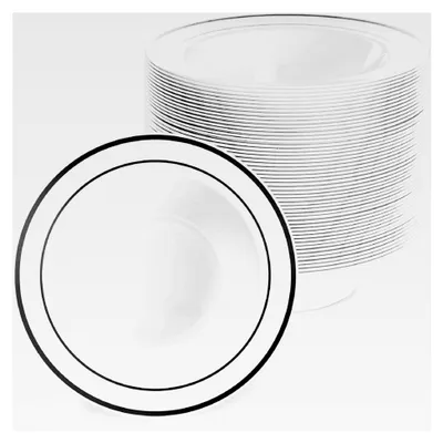 Produktbild von 25 Weiße Plastikschalen mit Schwarzem Rand, Suppenteller, Suppenschalen (360ml) - Mehrweg & Stabil
