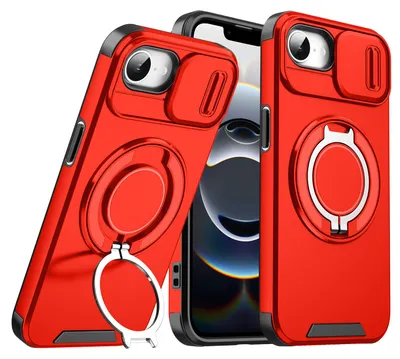 Image de Étui double couche pour iPhone 16e/iPhone 17e, avec cache coulissant pour l'appareil photo et anneau magnétique Red