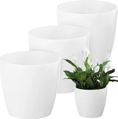 Three white planters of varying sizes are arranged on a white background. One planter contains a peace lily plant.