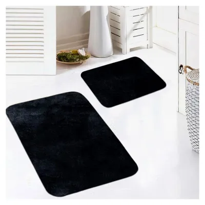 Produktbild von Badematten Set 2-teilig waschbar und rutschfest in schwarz, Größe 50x60 cm + 60x100 cm