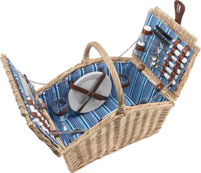 Produktbild von Picknickkorb geflochtene Weide 4 Pers + Zubehör 23 tlg. √ Farbe Natur Weiden Holz √ 46 x 31 x 43 cm - Blau Weiß Beige