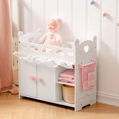 Zdjęcie produktu dla Łóżeczko dla lalek ROBUD z szafą – drewniane zabawki dla lalek do 55 cm, wyposażone w