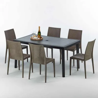 Produktbild von Poly Rattan Tisch Rechteckig mit 6 Bunten Polyrattan Stühlen 150x90 Schwarz