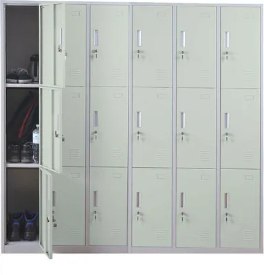 A metal locker with 18 compartments, some of which are open, revealing shoes and a water bottle inside.