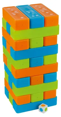 Produktbild von Wackelturm und Domino 2 in 1 XXL Set mit 30 Bausteinen und Farbwürfel