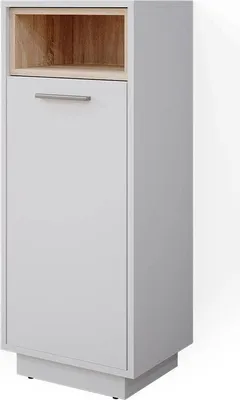 A tall, narrow cabinet with a white door and a wooden shelf compartment at the top.