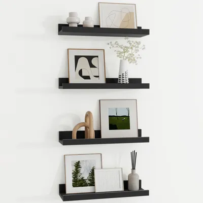 Produktbild von Wandregal Holz 40 cm Schwarz Bilderleiste 4er Set Schweberegal MDF Regalbrett Wandboard
