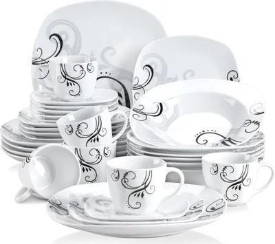Obrázek produktu pro VEWEET jídelní servis "Zoey" z porcelánu, 30dílný kombinovaný servis s šálky na kávu, podšálkem, dezertním talířem, jídelním talířem a polévkovým talířem
