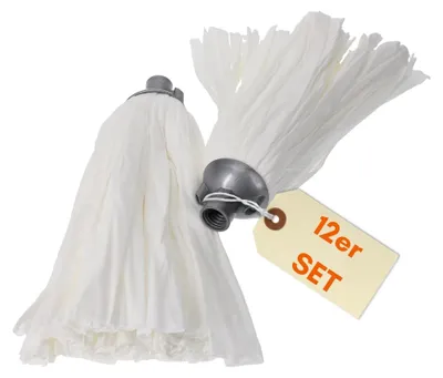 Two white mop heads with gray plastic connectors are shown against a white background. A yellow tag with orange text is attached to one of the mop heads.