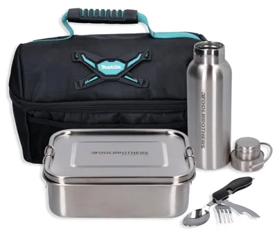 Produktbild von Toolbrothers Fan Lunchpaket in Makita Kühltasche mit Edelstahl Brotdose mit Trennfächern und Edelstahldeckel 1200 ml + Edelstahl Trinkflasche 500 ml + 4 in 1 Multifunktions Besteck
