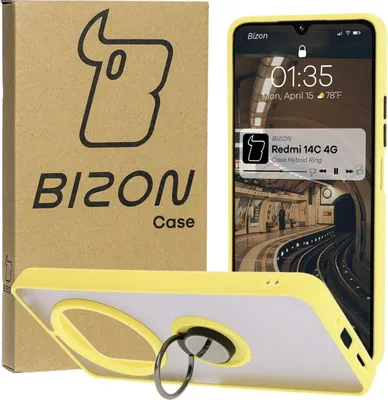 Produktbild von Etui z uchwytem na palec Bizon Case Hybrid Ring do Xiaomi Redmi 14C 4G / POCO C75, przydymione z żółtą ramką