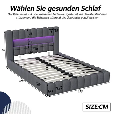 Zdjęcie produktu dla Łóżko tapicerowane - podwójne, 180x200 cm - z hydraulicznym pojemnikiem na pościel - z oświetleniem LED - z portem USB - bez materaca - obite tkaniną lnianą, kolor szary