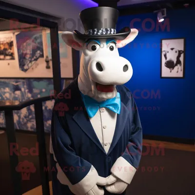 Produktbild von Blaue REDBROKOLY Guernsey-Kuh Maskottchen kostümfigur gekleidet mit Smoking und Krawattennadeln