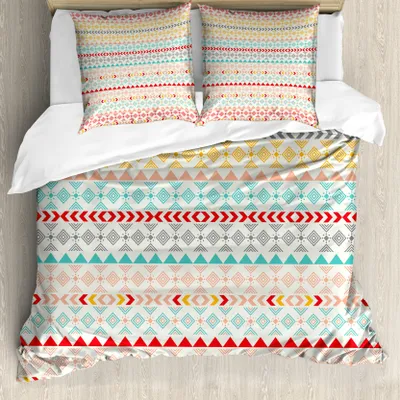 Obrázok produktu pre ABAKUHAUS Kmeňová obliečka na perinu, boho pruhy a tvary, odolná voči roztočom, vhodná pre alergikov, s obliečkami na vankúše, 155 cm x 220 cm – 80 x 80 cm, viacfarebná