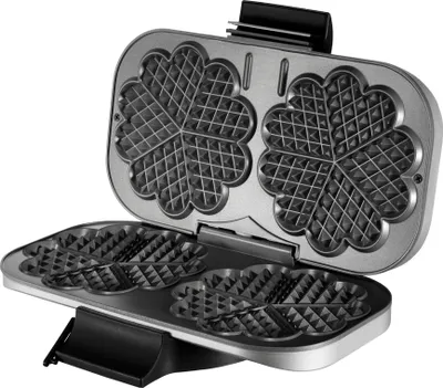 Unold Doppel-Waffelautomat silber, Griff schwarz, backt 2 große Blumenwaffeln mit je 5 Herzen.