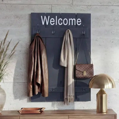 Image de Armoire murale HWC-C89 Welcome, Panneau d'armoire, aspect shabby vintage, 91x60cm ~ dunkelgrau, shabby