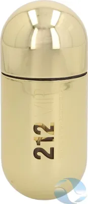 A gold-colored perfume bottle with the number '212' prominently displayed.